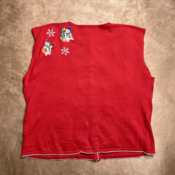 Vintage 90s Terazzo Embroidered Snowman Sleeveless Holiday Vest Knit Christmas - Picture 2 of 7